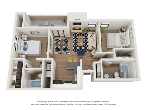Floor plan for 2 beds, 2 baths, 945 sqft